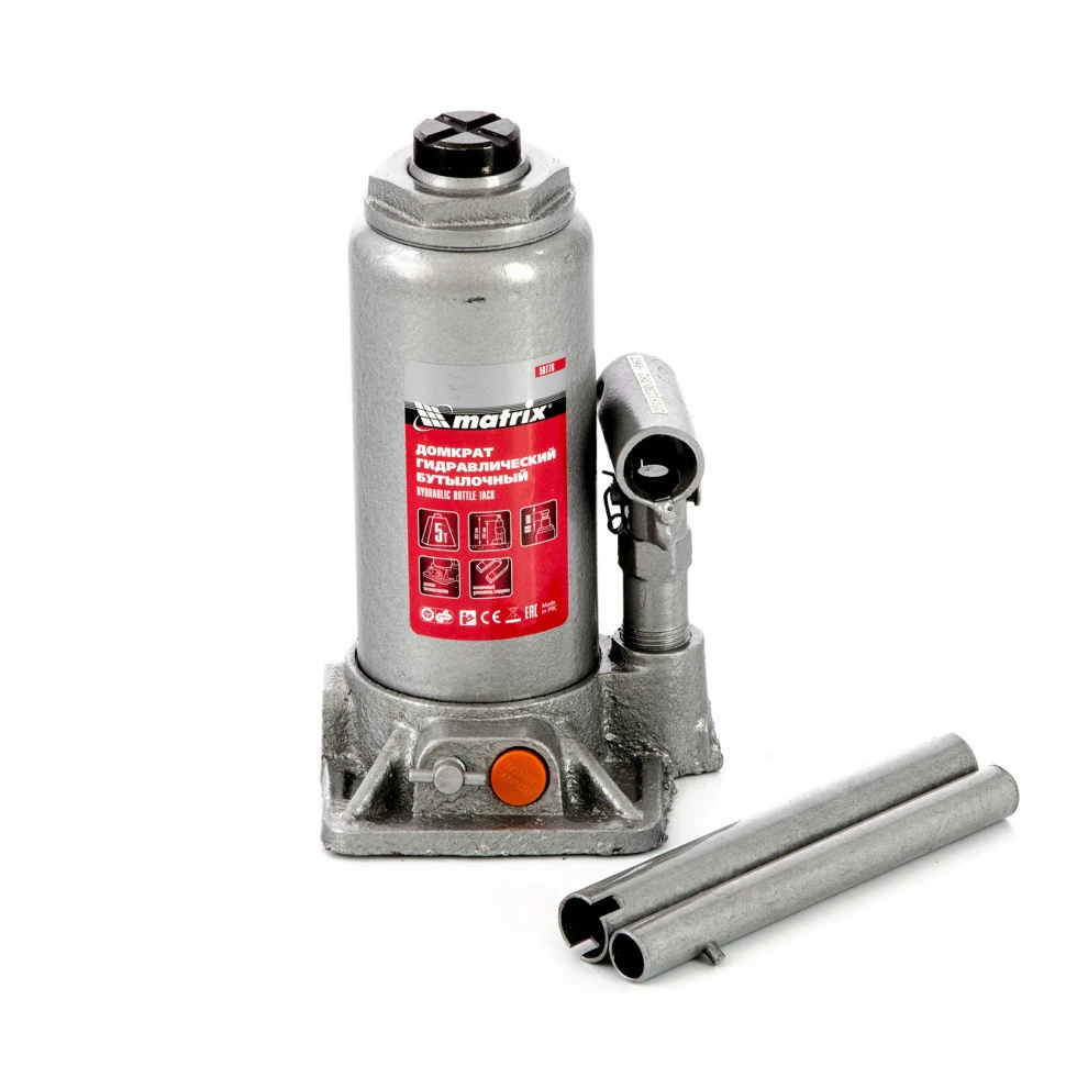 50776 Домкрат гидравлический бутылочный 5т h подъема 197-382мм Matrix в пласт.кейсе