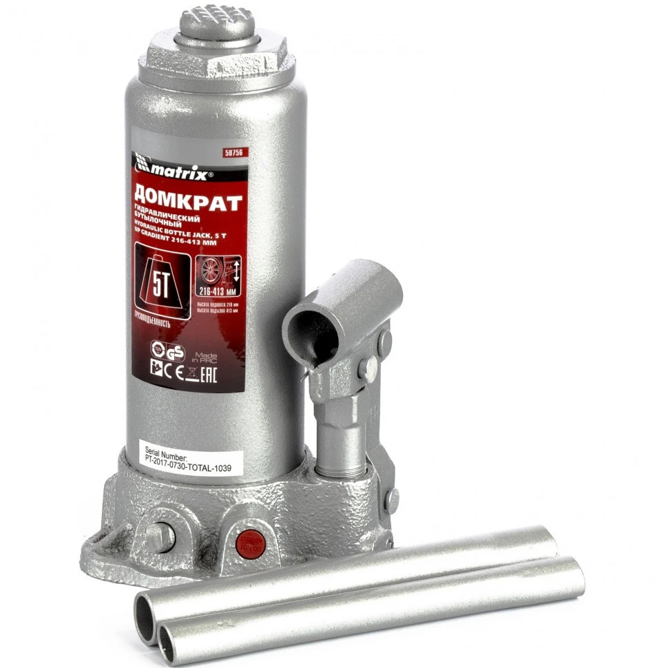 Домкрат гидравлический бутылочный 5т h подьема 216-413мм MATRIX
