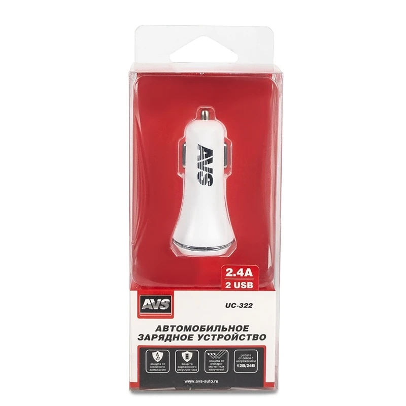 USB автомобильное зарядное устройство AVS 2 порта UC-322 (2,4А, белый)