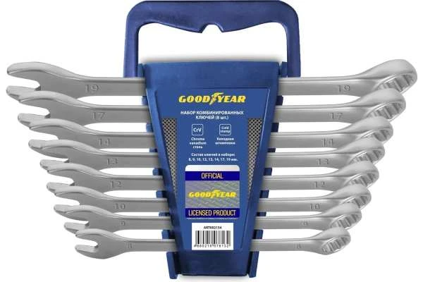 Фото Набор ключей комбинированных Goodyear 8 шт.: 8, 9, 10, 12, 13, 14, 17, 19 мм., в пластиковом холдере — оригинальные автотовары Мега Ойл